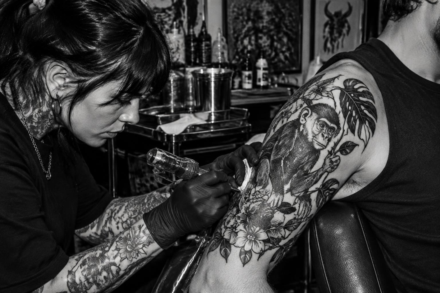 Tattoo artist creating a detailed monkey tattoo in a Berlin studio